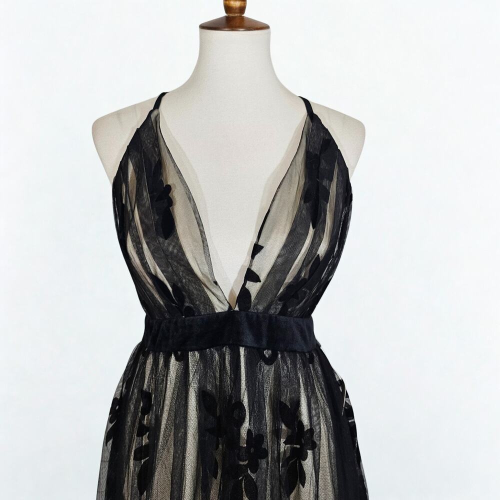 Venus Black and Nude Tulle Midi Dress - Picture 3 of 8